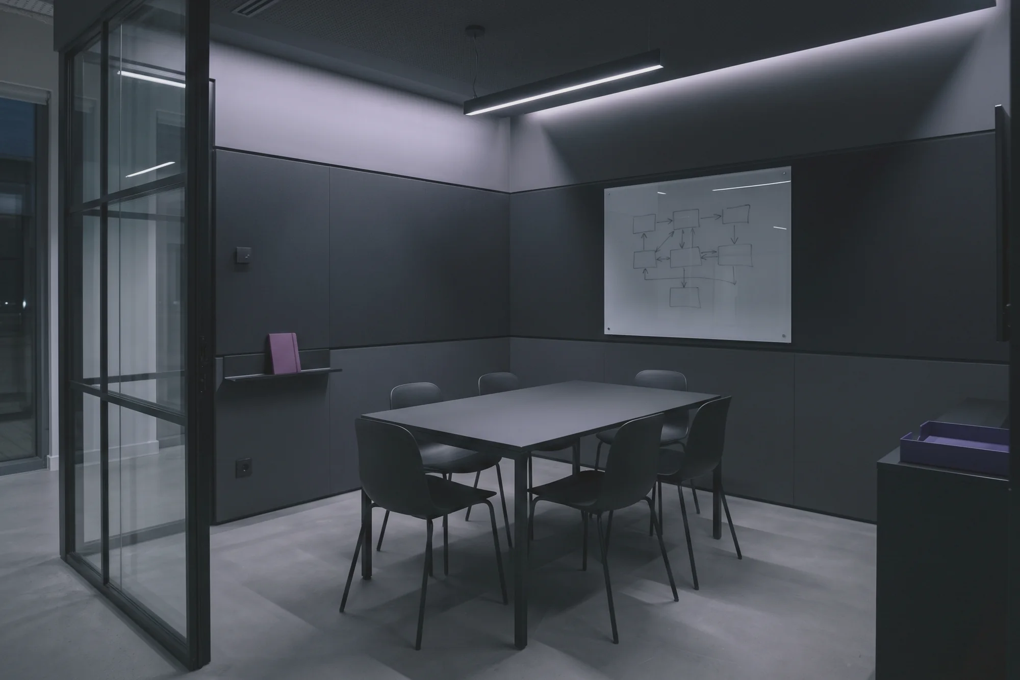 A glass-walled meeting room has a table, black chairs and a whiteboard showing a diagram.