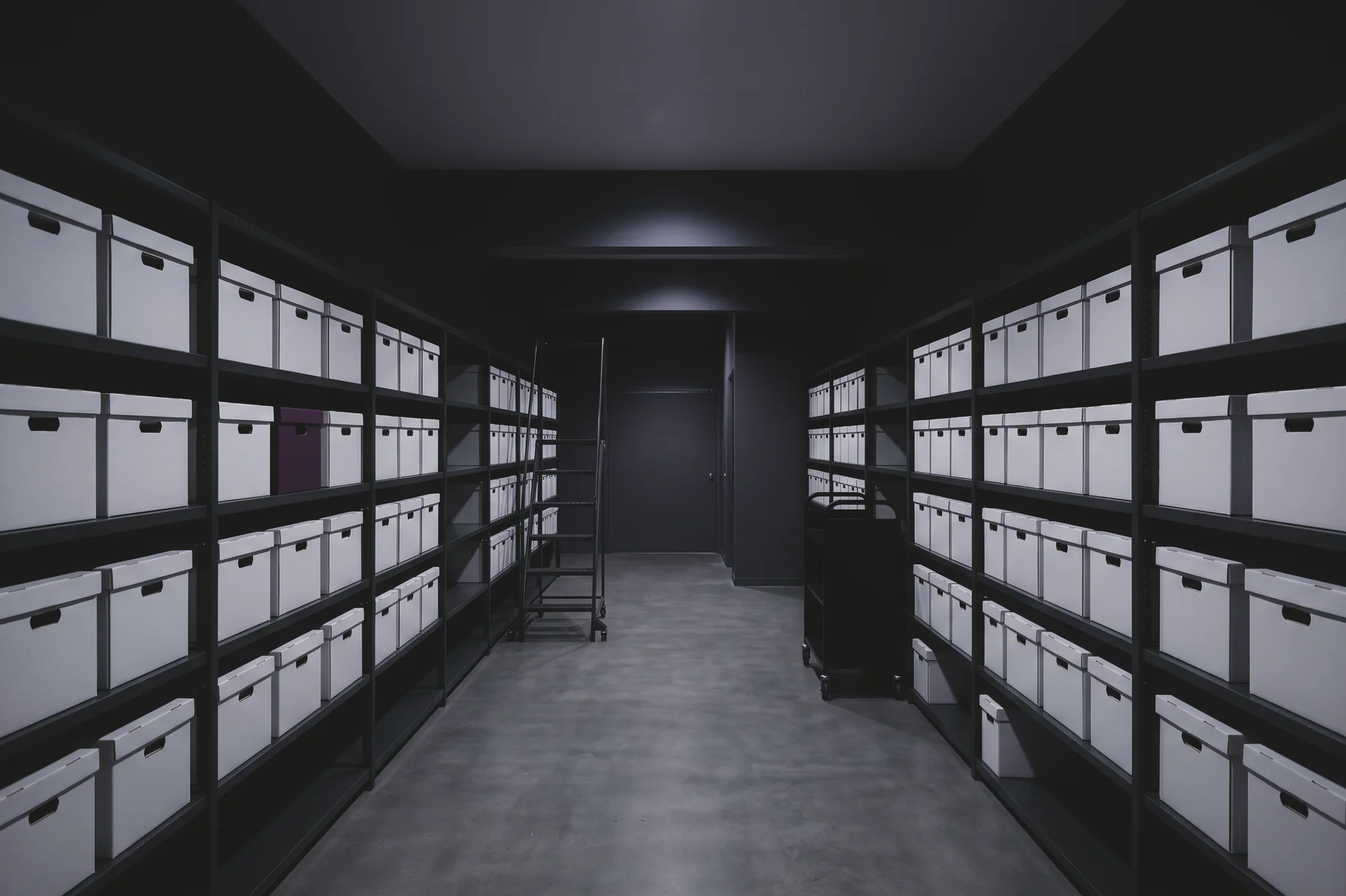 An aisle runs between shelves of white archive boxes with a rolling ladder, leading to a door at the end.