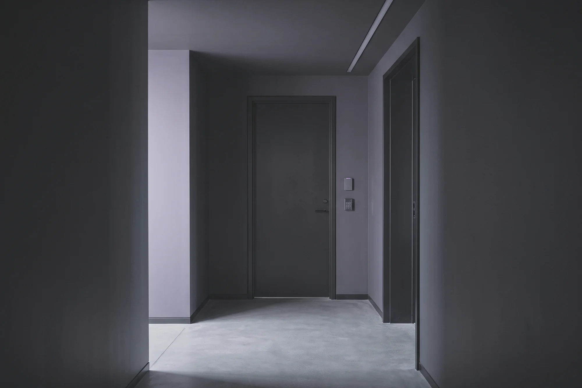 A quiet corridor leads to a closed dark door, with a small wall panel beside it, lit from the left.