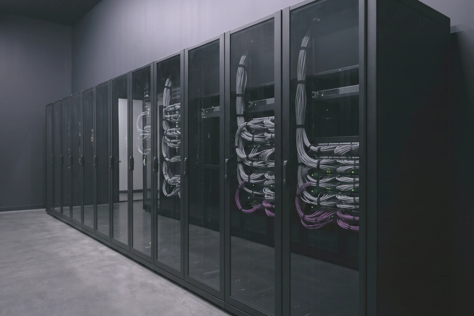 A row of black server racks stands behind glass doors, with grey and purple network cables bundled inside.